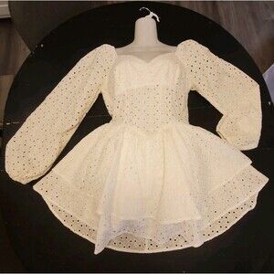 D & M Eyelet Lace Tiered Mini Dress Sz M Cowgirl Western Cottage Peasant Boho